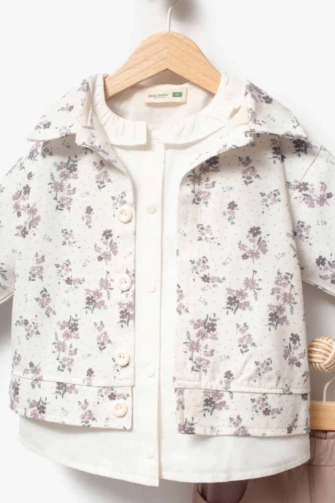 Çiçekli Vintage Tarz & Gömlek Yaka Bayramlık Kız Çocuk Takımı 9094 - VİZON