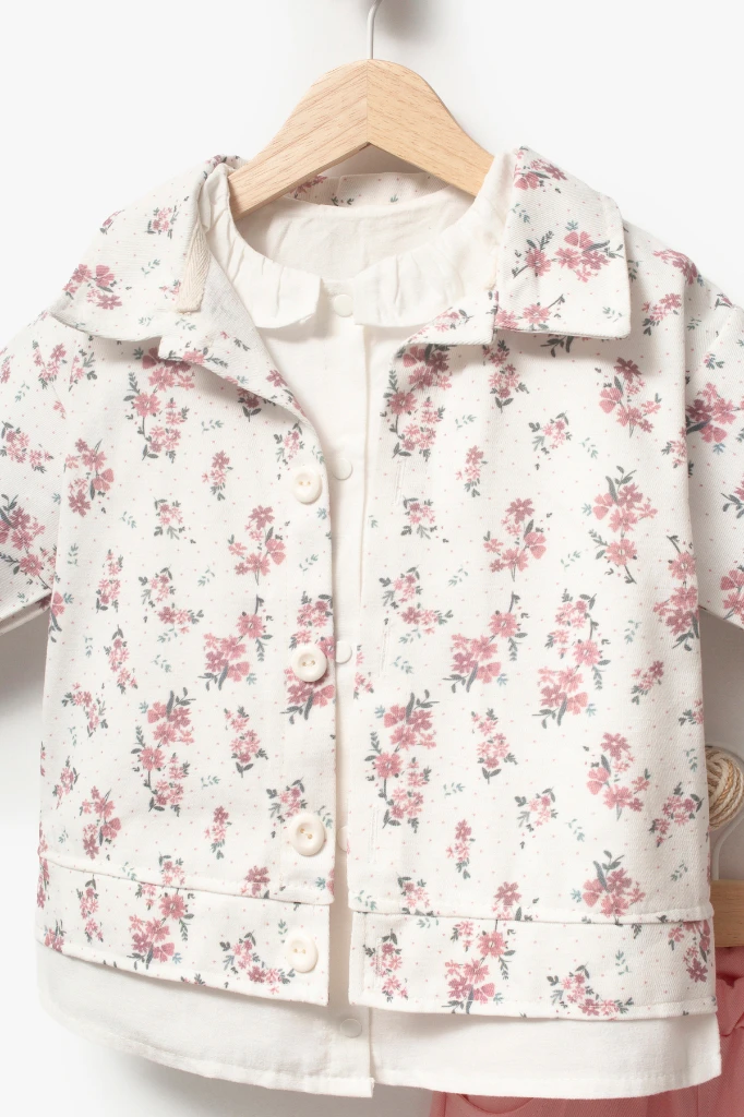 Çiçekli Vintage Tarz & Gömlek Yaka Bayramlık Kız Çocuk Takımı 9094 - PEMBE