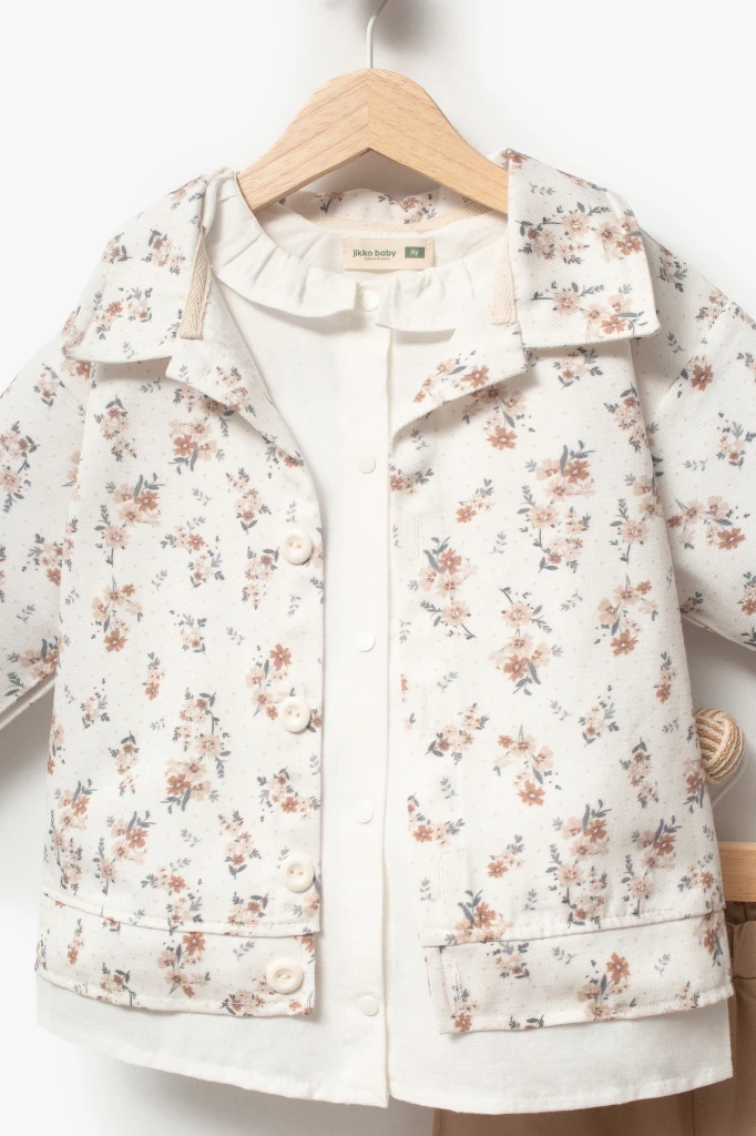 Çiçekli Vintage Tarz & Gömlek Yaka Bayramlık Kız Çocuk Takımı 9094 - BEJ