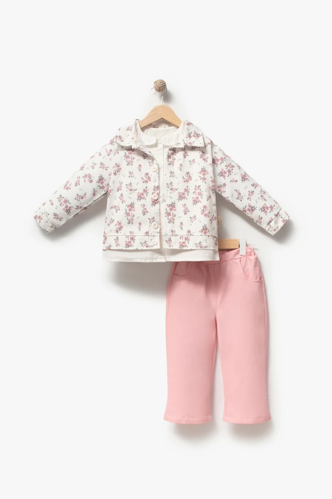 Çiçekli Vintage Tarz & Gömlek Yaka Bayramlık Kız Çocuk Takımı 9094 - PEMBE