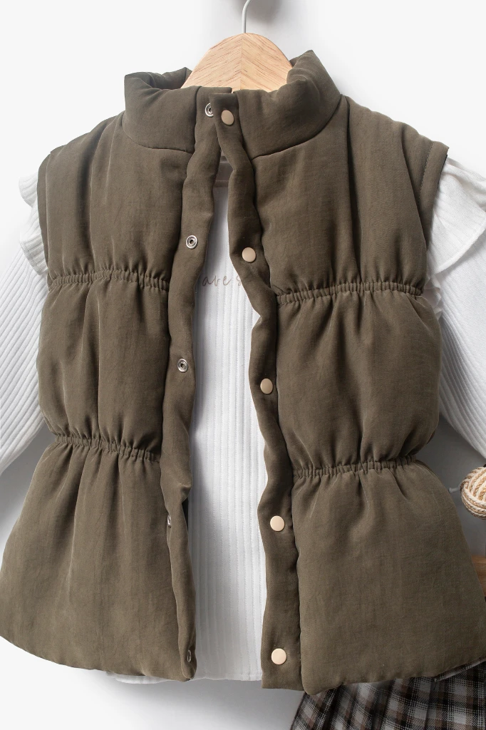 Ekose Etekli Külotlu Çoraplı & Yelekli Bayramlık Kız Bebek 4'lü Takım 9093 - HAKİ