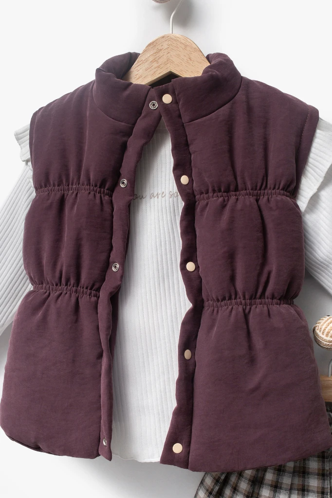 Ekose Etekli Külotlu Çoraplı & Yelekli Bayramlık Kız Bebek 4'lü Takım 9093 - MÜRDÜM