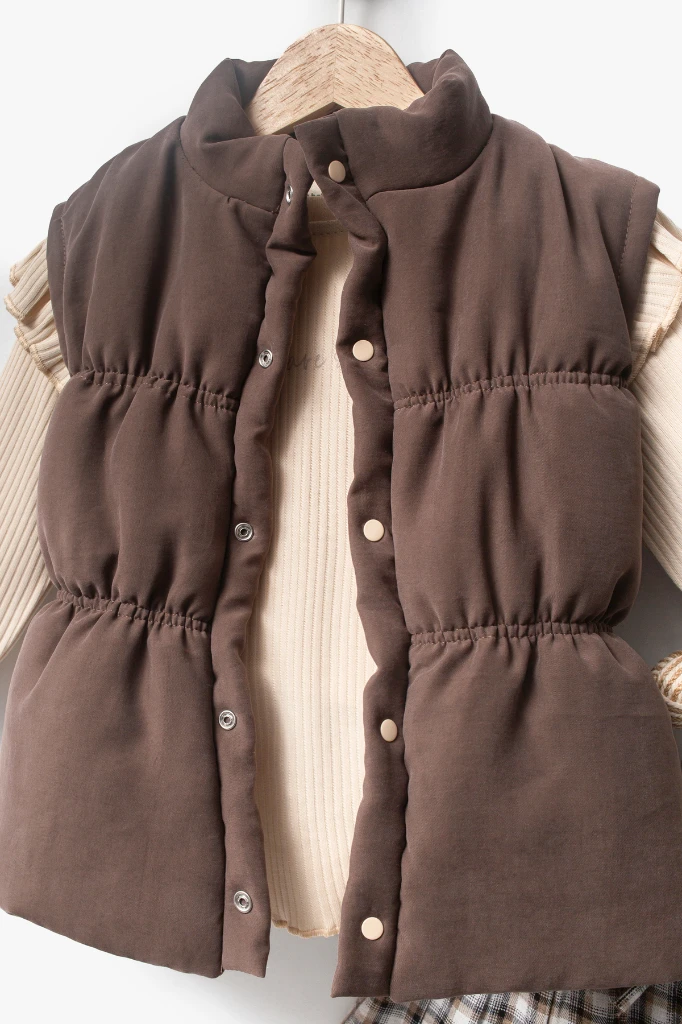 Ekose Etekli Külotlu Çoraplı & Yelekli Bayramlık Kız Bebek 4'lü Takım 9093 - KAHVERENGİ