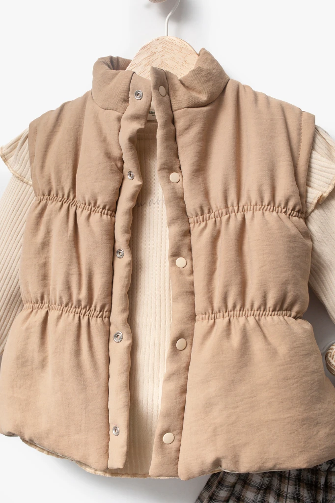 Ekose Etekli Külotlu Çoraplı & Yelekli Bayramlık Kız Bebek 4'lü Takım 9093 - CAMEL