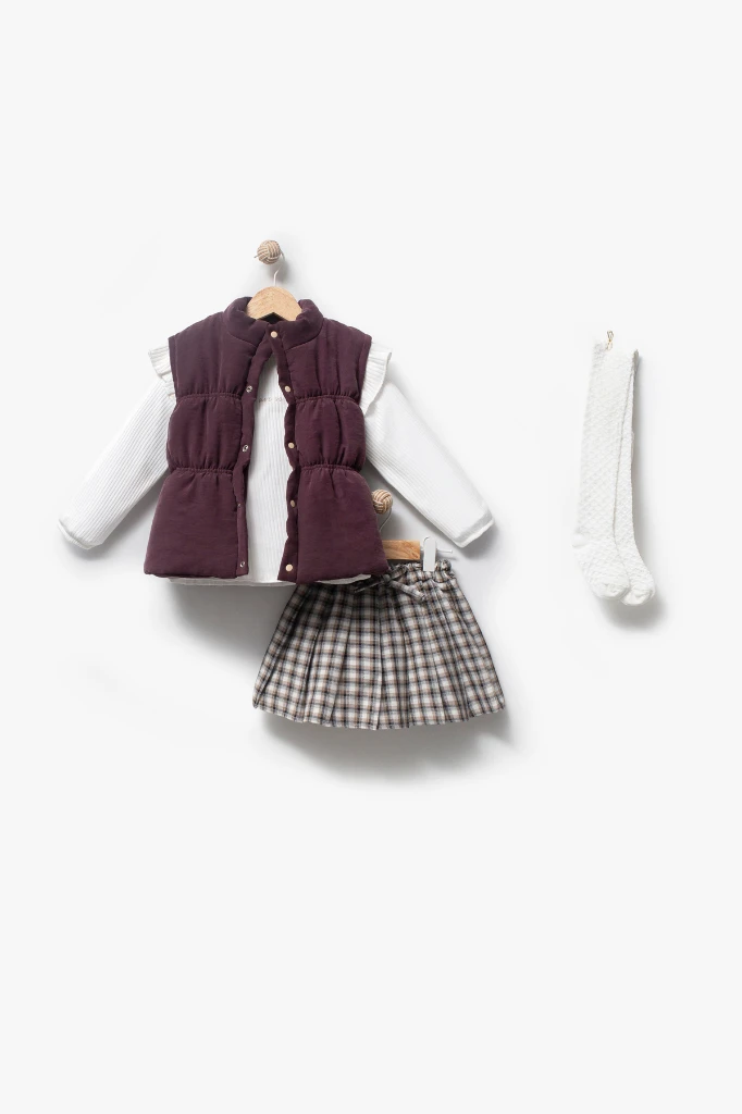 Ekose Etekli Külotlu Çoraplı & Yelekli Bayramlık Kız Bebek 4'lü Takım 9093 - MÜRDÜM