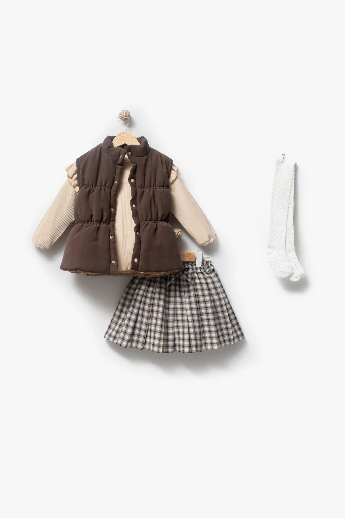 Ekose Etekli Külotlu Çoraplı & Yelekli Bayramlık Kız Bebek 4'lü Takım 9093 - KAHVERENGİ