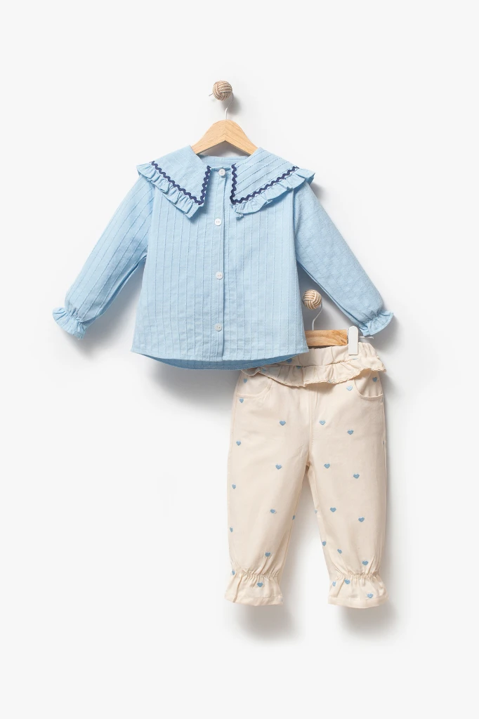Su Taşı Yaka Detaylı Kız Bebek Alt Üst Takım 9092 - MAVİ