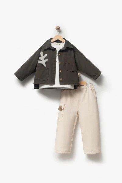 Bayramlık Nakış Detaylı Ceketli 3'lü Erkek Çocuk Takımı 9095 - HAKİ