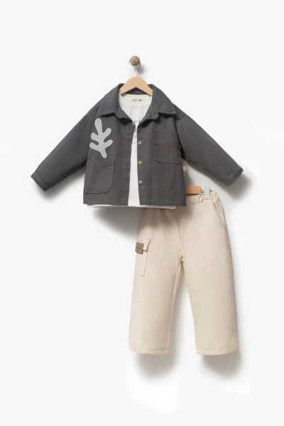 Bayramlık Nakış Detaylı Ceketli 3'lü Erkek Çocuk Takımı 9095 - ANTRASİT