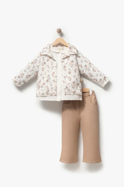 Çiçekli Vintage Tarz & Gömlek Yaka Bayramlık Kız Çocuk Takımı 9094 - BEJ
