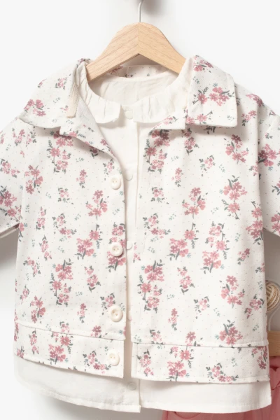 Çiçekli Vintage Tarz & Gömlek Yaka Bayramlık Kız Çocuk Takımı 9094 - PEMBE
