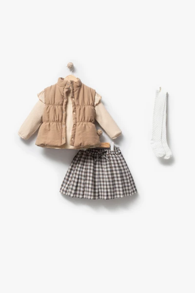 Ekose Etekli Külotlu Çoraplı & Yelekli Bayramlık Kız Bebek 4'lü Takım 9093 - CAMEL