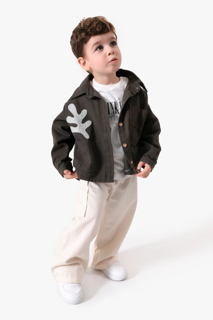 Bayramlık Nakış Detaylı Ceketli 3'lü Erkek Çocuk Takımı 9095 - HAKİ