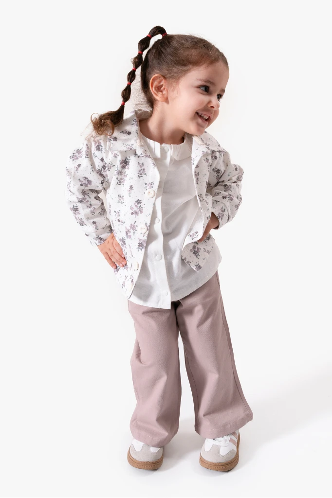 Çiçekli Vintage Tarz & Gömlek Yaka Bayramlık Kız Çocuk Takımı 9094 - VİZON