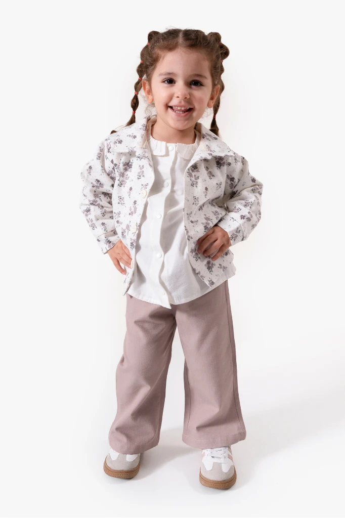 Çiçekli Vintage Tarz & Gömlek Yaka Bayramlık Kız Çocuk Takımı 9094 - VİZON
