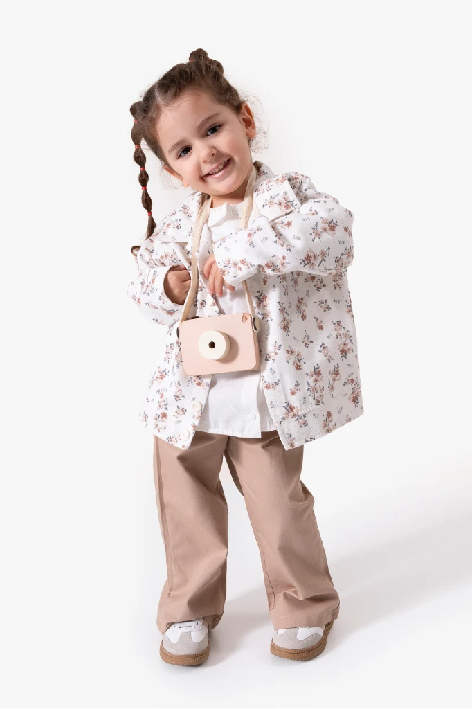 Çiçekli Vintage Tarz & Gömlek Yaka Bayramlık Kız Çocuk Takımı 9094 - BEJ