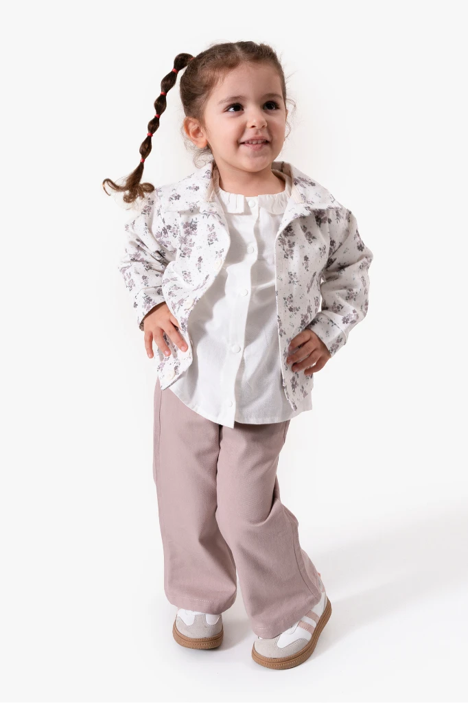 Çiçekli Vintage Tarz & Gömlek Yaka Bayramlık Kız Çocuk Takımı 9094 - VİZON