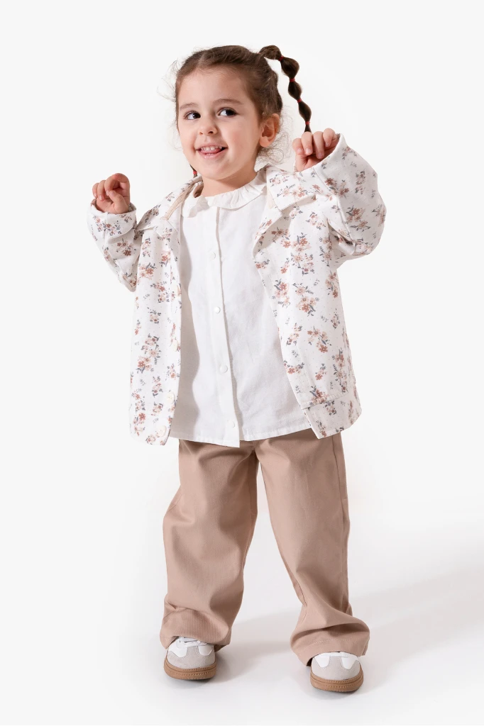 Çiçekli Vintage Tarz & Gömlek Yaka Bayramlık Kız Çocuk Takımı 9094 - BEJ