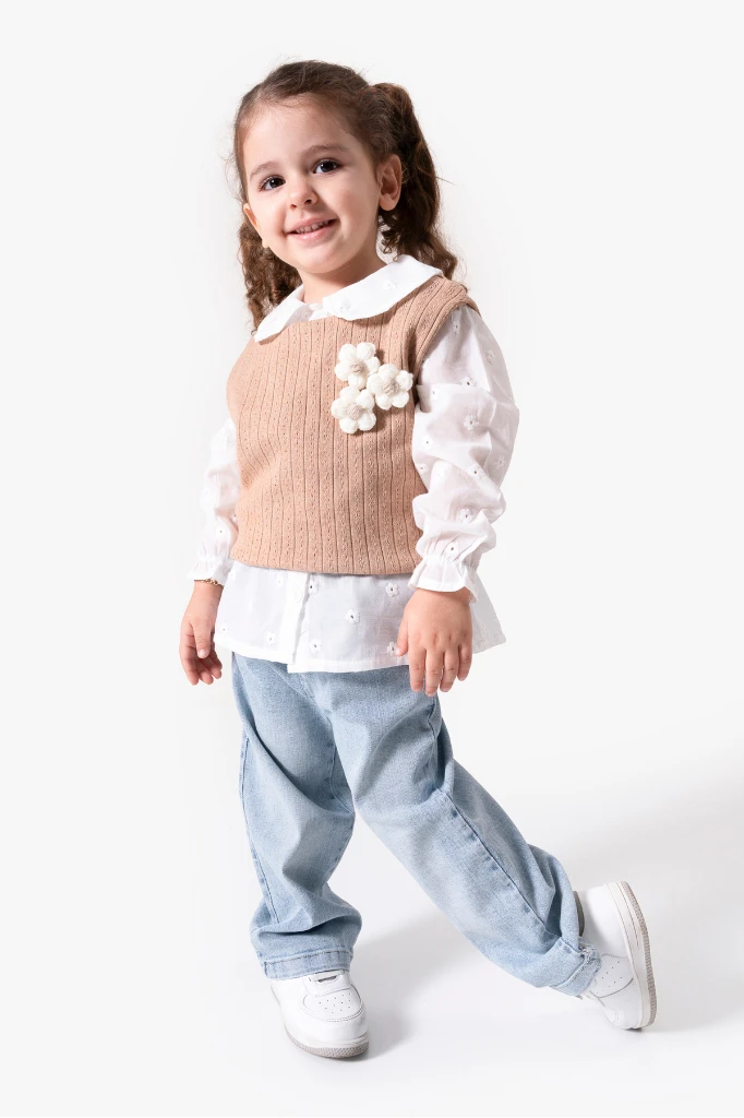 Çiçekli Yelekli Bayramlık 3'lü Kız Takımı 9084 - KAHVERENGİ