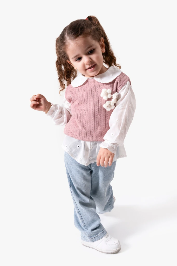 Çiçekli Yelekli Bayramlık 3'lü Kız Takımı 9084 - GÜL KURUSU