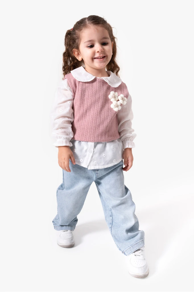 Çiçekli Yelekli Bayramlık 3'lü Kız Takımı 9084 - GÜL KURUSU