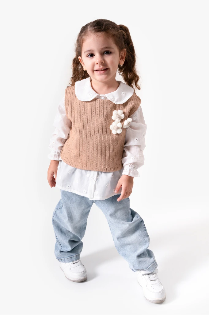 Çiçekli Yelekli Bayramlık 3'lü Kız Takımı 9084 - KAHVERENGİ