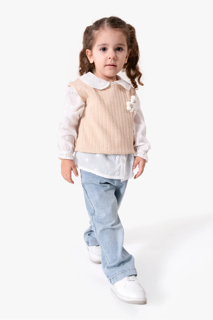 Çiçekli Yelekli Bayramlık 3'lü Kız Takımı 9084 - BEJ