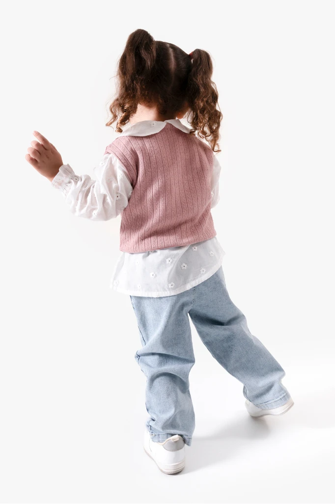 Çiçekli Yelekli Bayramlık 3'lü Kız Takımı 9084 - PEMBE