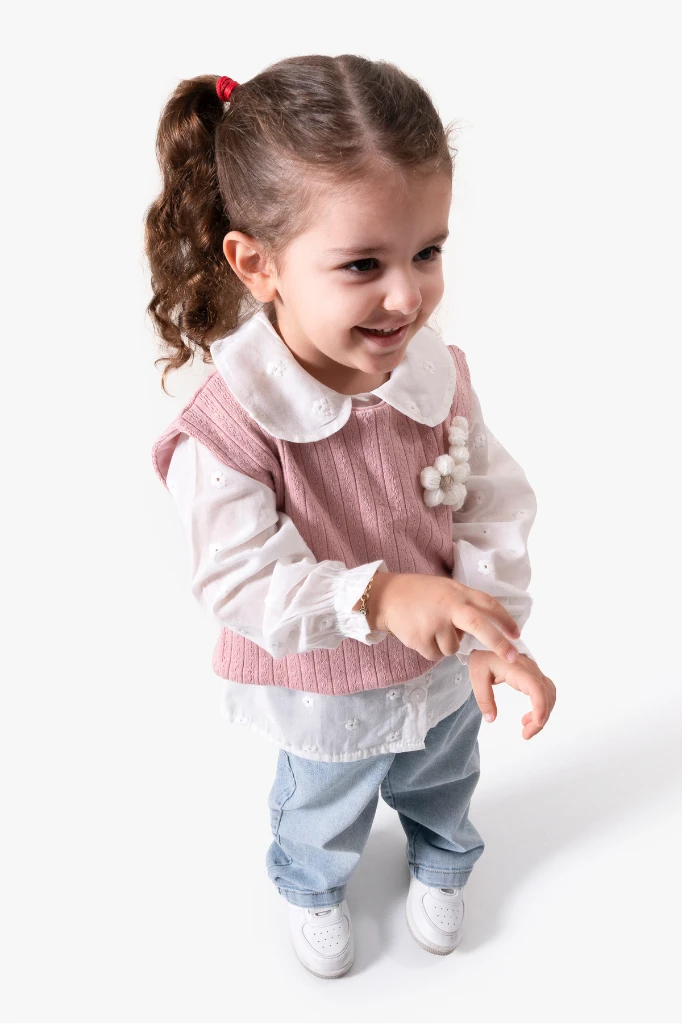 Çiçekli Yelekli Bayramlık 3'lü Kız Takımı 9084 - GÜL KURUSU