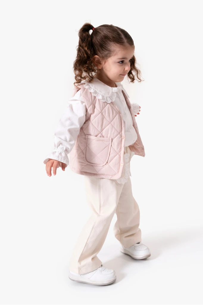 Dantel Yaka Yelekli 3'lü Bebek Takımı 9086 - PEMBE