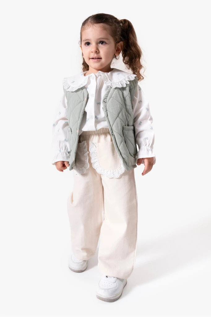 Dantel Yaka Yelekli 3'lü Bebek Takımı 9086 - YEŞİL