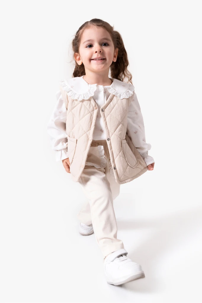 Dantel Yaka Yelekli 3'lü Bebek Takımı 9086 - BEJ