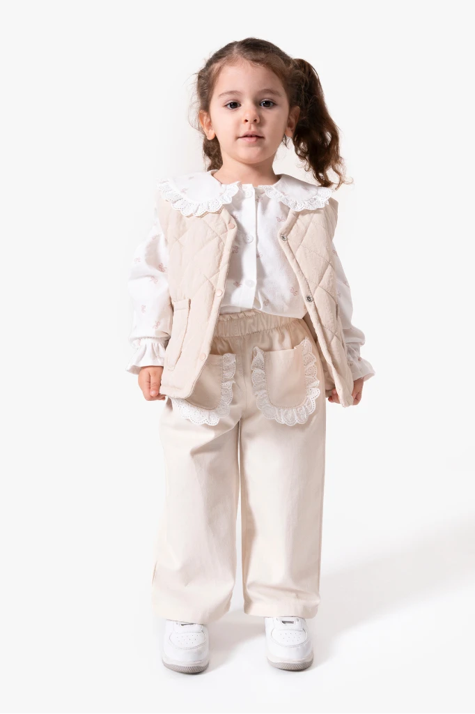 Dantel Yaka Yelekli 3'lü Bebek Takımı 9086 - BEJ