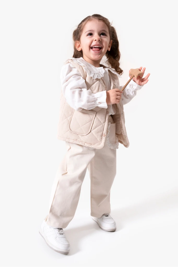 Dantel Yaka Yelekli 3'lü Bebek Takımı 9086 - BEJ