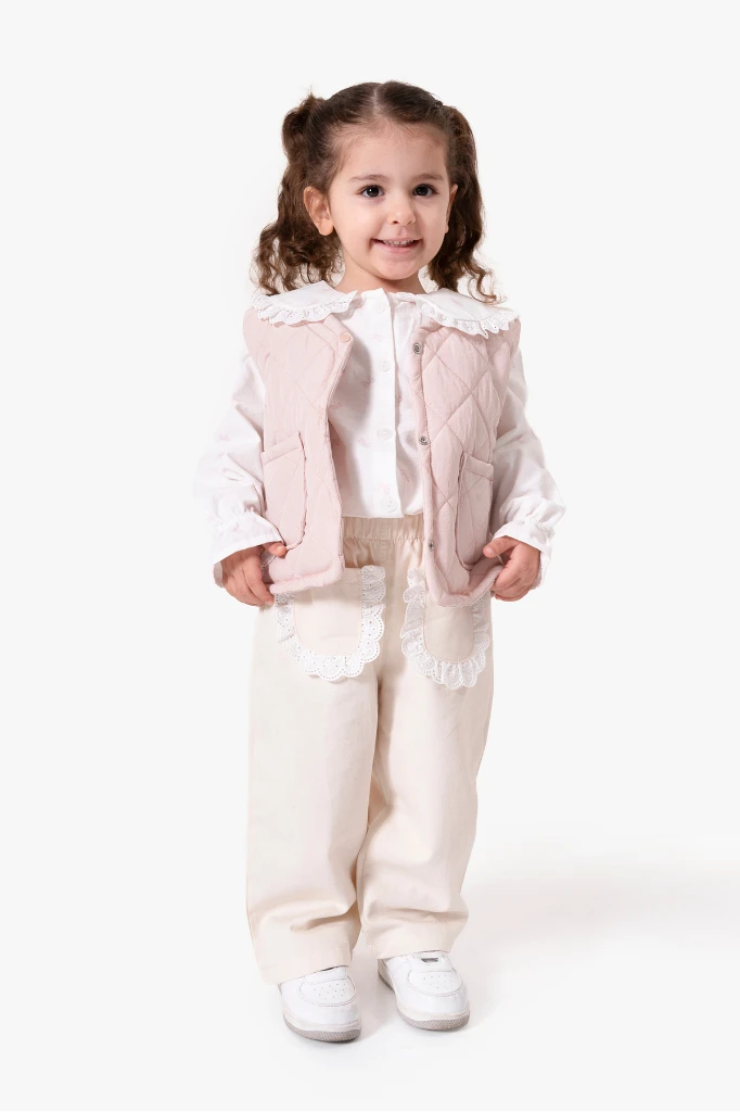 Dantel Yaka Yelekli 3'lü Bebek Takımı 9086 - PEMBE