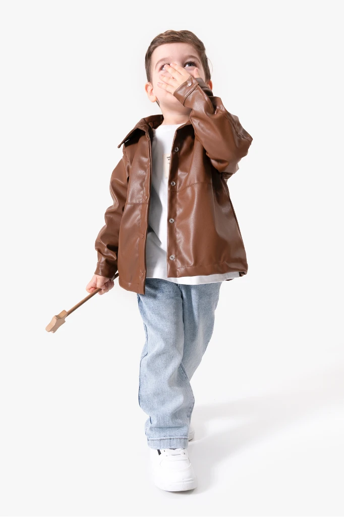 Deri Ceketli Bayramlık & Hediyelik 3'lü Erkek Çocuk Takımı 9089 - KAHVERENGİ