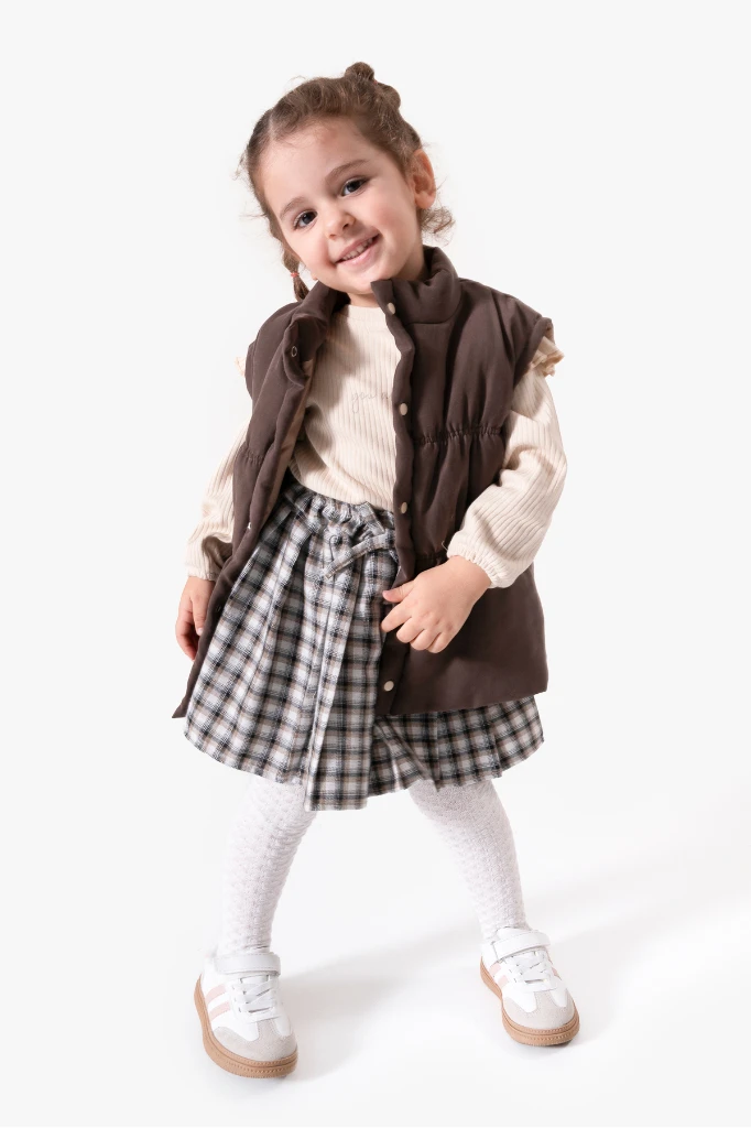 Ekose Etekli Külotlu Çoraplı & Yelekli Bayramlık Kız Bebek 4'lü Takım 9093 - KAHVERENGİ