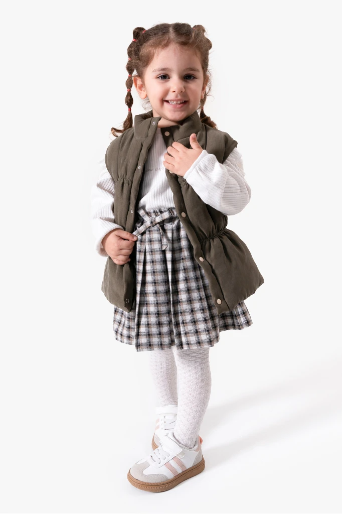 Ekose Etekli Külotlu Çoraplı & Yelekli Bayramlık Kız Bebek 4'lü Takım 9093 - HAKİ