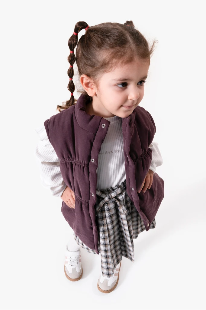 Ekose Etekli Külotlu Çoraplı & Yelekli Bayramlık Kız Bebek 4'lü Takım 9093 - MÜRDÜM