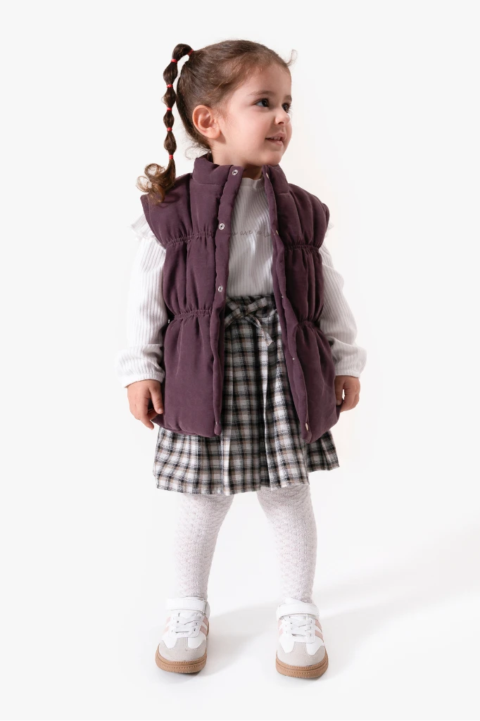 Ekose Etekli Külotlu Çoraplı & Yelekli Bayramlık Kız Bebek 4'lü Takım 9093 - MÜRDÜM