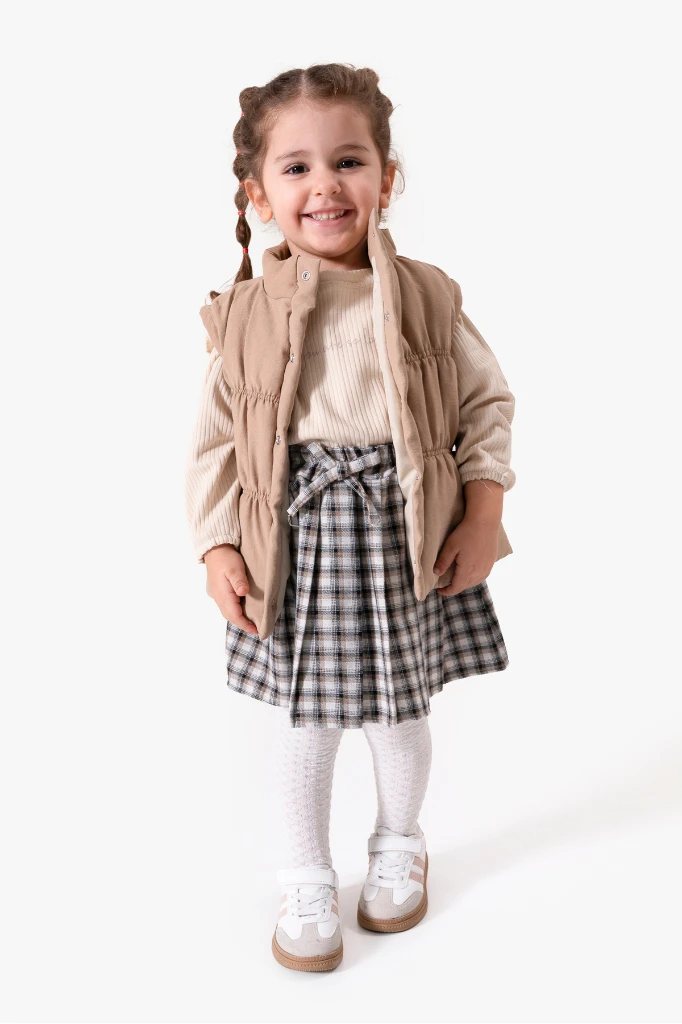 Ekose Etekli Külotlu Çoraplı & Yelekli Bayramlık Kız Bebek 4'lü Takım 9093 - CAMEL