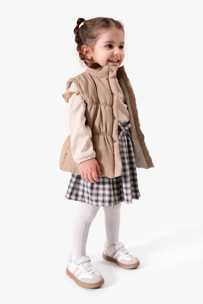 Ekose Etekli Külotlu Çoraplı & Yelekli Bayramlık Kız Bebek 4'lü Takım 9093 - CAMEL