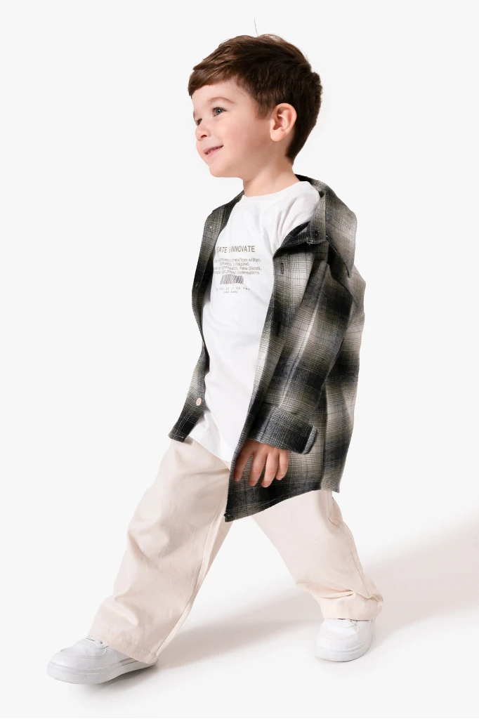 Ekose Gömlekli & Cep Detaylı Erkek Çocuk 3'lü Mevsimlik Takım 9091 - HAKİ