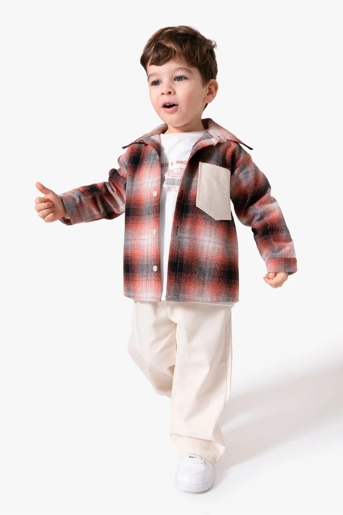 Ekose Gömlekli & Cep Detaylı Erkek Çocuk 3'lü Mevsimlik Takım 9091 - TURUNCU