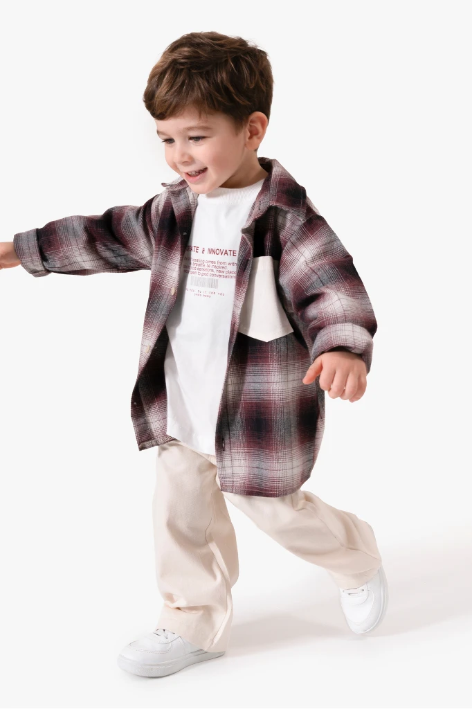 Ekose Gömlekli & Cep Detaylı Erkek Çocuk 3'lü Mevsimlik Takım 9091 - BORDO