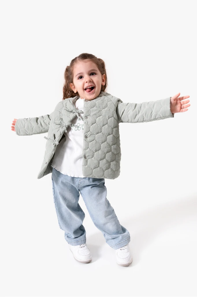 Fiyonk Detaylı Kapitone Montlu 3'lü Kız Çocuk Takımı 9088 - YEŞİL