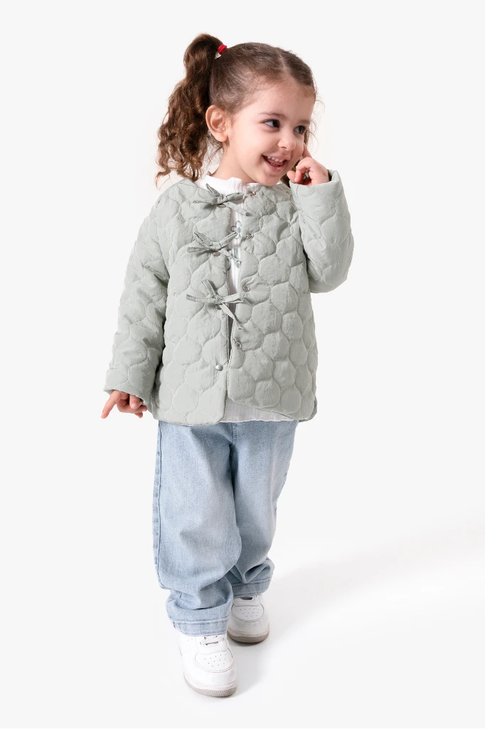 Fiyonk Detaylı Kapitone Montlu 3'lü Kız Çocuk Takımı 9088 - YEŞİL