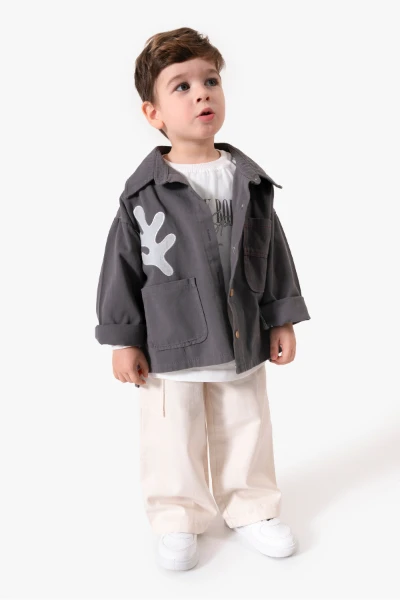 Bayramlık Nakış Detaylı Ceketli 3'lü Erkek Çocuk Takımı 9095 - ANTRASİT