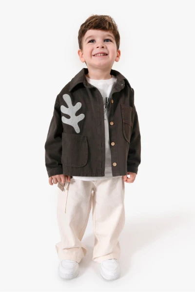 Bayramlık Nakış Detaylı Ceketli 3'lü Erkek Çocuk Takımı 9095 - HAKİ