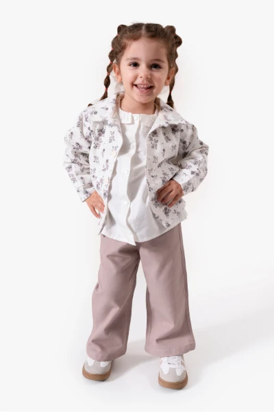 Çiçekli Vintage Tarz & Gömlek Yaka Bayramlık Kız Çocuk Takımı 9094 - VİZON
